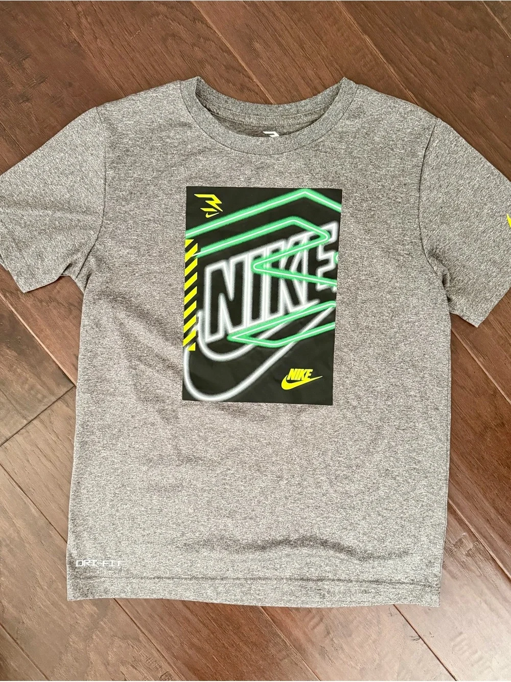 Nike Gray Dri Fit Short-Sleeve Tee with Neon Green & Yellow Logo